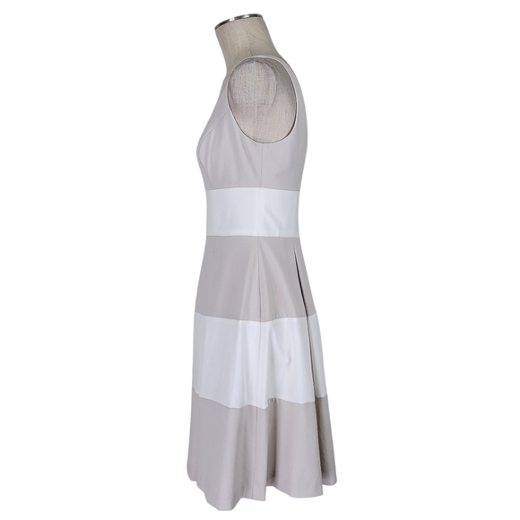 Lauren Ralph Lauren Fit N Flare Dress 6 Taupe Ivory Color Block Pleated Lined - Picture 3 of 9